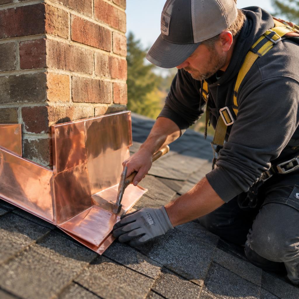 Roofer fitting lead flashing around a chimney