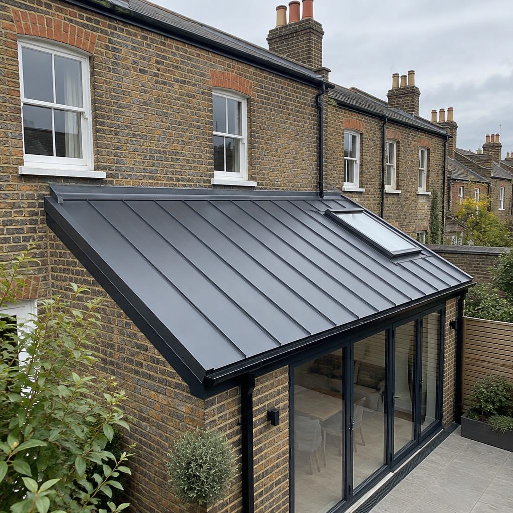Modern home with a dark standing seam metal roof at sunset