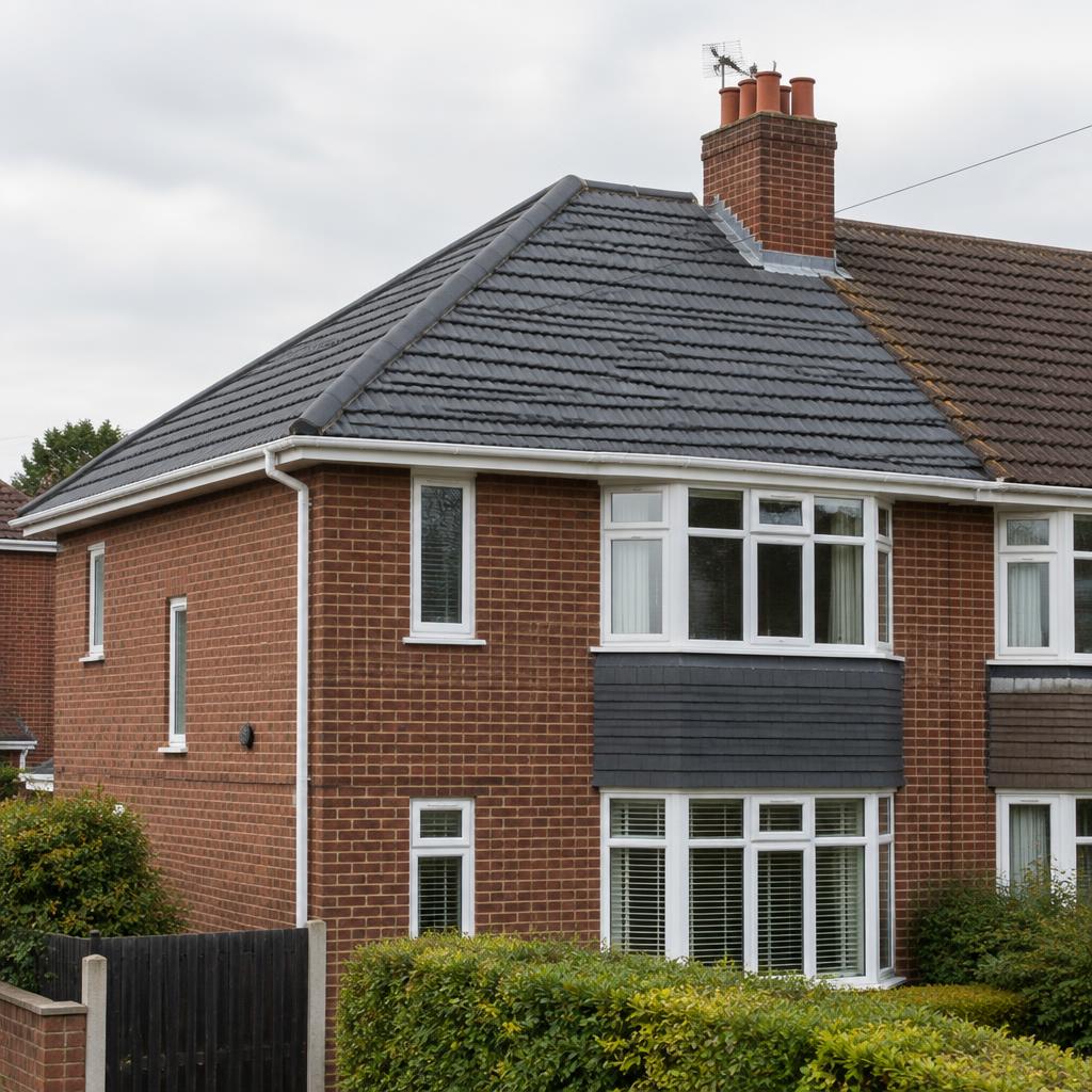 Tiled roof with white uPVC guttering on a British brick house