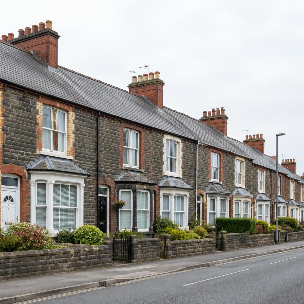 Terraced houses with slate roofs and brick chimney stacks